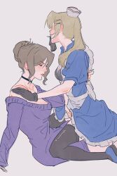 2girls absurdres apron axis_powers_hetalia blonde_hair blush breasts brown_hair cleavage closed_eyes crown dress france_(female)_(hetalia) genderswap genderswap_(mtf) glove_in_mouth gloves hair_bun hair_ornament hairclip hat highres implied_fingering long_hair mini_hat mouth_hold multiple_girls single_hair_bun sitting straddling sweater sweater_dress thighhighs twintails united_kingdom_(female)_(hetalia) updo upright_straddle wafen_juemu yuri