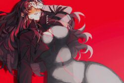 1girl black_bodysuit blush bngb_love bodysuit breasts cleavage_cutout clothing_cutout gebura_(project_moon) grey_eyes highres jacket large_breasts lobotomy_corporation long_hair long_sleeves looking_at_viewer lying on_back parted_bangs project_moon red_background red_hair red_jacket scar scar_across_eye scar_on_face sidelocks simple_background solo upper_body very_long_hair