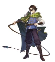 Rule 34 | 1boy, aiguillette, arm guards, armor, artist request, belt, belt buckle, black mask, blue vest, boots, brown belt, brown boots, brown hair, buckle, cape, dionis totemeros, domino mask, facial hair, game cg, gem, goddess order, green cape, green eyes, grey pants, hand on own hip, high collar, highres, holding, holding weapon, holding whip, jewelry, long mustache, long sleeves, looking at viewer, male focus, mask, mustache, non-web source, official art, pants, pauldrons, puffy long sleeves, puffy sleeves, red gemstone, shirt, short hair, shoulder armor, simple background, single pauldron, smile, solo, standing, striped clothes, striped pants, tachi-e, transparent background, vertical-striped clothes, vertical-striped pants, vest, weapon, white shirt