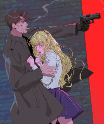 Rule 34 | 1boy, 1girl, absurdres, blonde hair, blood, blood on face, brick wall, brown coat, brown hair, coat, commentary, english commentary, glock, gloves, gun, handgun, highres, holding, holding gun, holding weapon, long hair, original, single glove, skirt, sweatdrop, vijoux, weapon