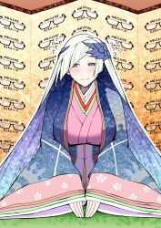 1girl blue_hair breasts brynhild_(fate) colored_inner_hair commentary_request commission eyebrows_hidden_by_hair fate/grand_order fate_(series) flying_sweatdrops gradient_hair head_wings huge_breasts japanese_clothes kimono multicolored_hair pink_kimono pororokka_(macareo) purple_eyes purple_hair seiza sitting skeb_commission sleeves_past_wrists smile solo white_hair wide_sleeves wings