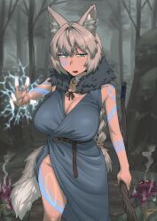 1girl absurdres animal_ear_fluff animal_ears aqua_eyes braid breasts cleavage facial_tattoo forest full-body_tattoo grey_hair hair_between_eyes highres holding holding_staff homeerosu huge_breasts long_hair looking_at_viewer magic mature_female mole mole_on_breast mole_under_eye mole_under_mouth nature open_mouth orc original smoke solo staff tail tattoo torc witch wolf_ears wolf_tail
