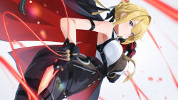 1girl absurdres arm_strap black_gloves black_pants blonde_hair chest_harness coat evelyn_chevalier gloves half_gloves harness high-waist_pants highres holding holding_coat holding_knife holding_unworn_clothes jacket jacket_on_shoulders knife latex_pants looking_at_viewer medium_hair necktie pants shirt sido_262 single_half_glove tight_clothes tight_pants unworn_coat white_shirt yellow_necktie zenless_zone_zero
