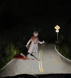 1boy 97ttwwaazz absurdres antlers blood blood_on_clothes blood_on_ground brown_coat brown_hair coat dark english_text glowing glowing_eyes highres hitchhiker_a_(randal&#039;s_friends) hitchhiking horns looking_at_viewer male_focus outdoors pov randal&#039;s_friends road road_sign short_hair sign smile solo sweater thumbs_up turtleneck turtleneck_sweater walking white_eyes