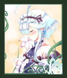 Rule 34 | ahoge, ajitarou (setsu), bare shoulders, black ribbon, breasts, closed eyes, dress, emil chronicle online, flower, frilled hairband, frilled sleeves, frills, from side, hairband, highres, holding, holding flower, mecha musume, medium breasts, mitama aria, piercing, ribbon, white dress, white hair