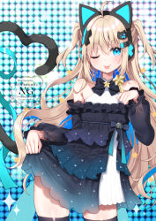 Rule 34 | 1girl, ;p, ahoge, animal ear headphones, animal ears, bad anatomy, bare shoulders, bell, black dress, black sleeves, black thighhighs, blonde hair, blue eyes, blue hair, blue ribbon, blush, cat hair ornament, closed mouth, commentary request, dress, fake animal ears, frilled dress, frills, hair between eyes, hair ornament, hand up, headphones, heart, heart tail, holding, holding wand, indie virtual youtuber, jingle bell, long hair, long sleeves, multicolored hair, one eye closed, puffy long sleeves, puffy sleeves, ribbon, skindentation, sleeves past wrists, smile, solo, standing, star (symbol), tail, thighhighs, tongue, tongue out, two-tone hair, two side up, uchuuneko, uchuuneko (vtuber), very long hair, virtual youtuber, wand, watermark, x hair ornament