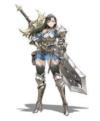 Rule 34 | 1girl, absurdres, armor, armored boots, arowana2111, asymmetrical bangs, black hair, blue eyes, blue sky, boots, breasts, cleavage, cleavage cutout, clenched hand, clothing cutout, commentary, english commentary, floating hair, full body, gauntlets, hand on own hip, high heel boots, high heels, highres, huge weapon, large breasts, long hair, looking at viewer, original, outstretched arm, rerebrace, shadow, shoulder armor, sky, smile, solo, spread legs, standing, thighhighs, vambraces, weapon, white background, zettai ryouiki
