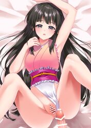 1boy 1girl absurdres anus armpits ass bar_censor bed beni8h black_eyes black_hair breasts censored clothing_aside commentary_request commission erection frilled_leotard frills from_above highres hime_cut houraisan_kaguya leotard leotard_aside long_hair looking_at_viewer lying medium_breasts on_back open_mouth penis pink_leotard pixiv_commission pussy solo_focus spread_legs spread_pussy touhou touhou_tag_dream wrestling_outfit