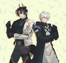 Rule 34 | 2boys, arknights, black coat, black hair, black jacket, brown hair, chongyue (alighting) (arknights), chongyue (arknights), coat, collared jacket, commentary request, cowboy shot, doctor (arknights), dragon boy, dragon horns, dragon tail, earrings, fingerless gloves, gloves, green background, grey eyes, grin, hair over shoulder, hands up, highres, hood, hood down, hooded coat, horns, jacket, jewelry, korean commentary, long hair, long sleeves, looking at viewer, low ponytail, male doctor (arknights), male focus, mandarin collar, multiple boys, nills, one eye closed, pants, pointy ears, ponytail, red eyes, shirt, smile, standing, tail, thigh strap, white hair, white jacket