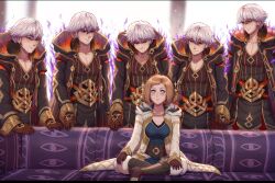 Rule 34 | 1girl, 5boys, aura, belt, black robe, black shirt, blue eyes, boots, brown footwear, brown gloves, brown hair, couch, crossed legs, evomanaphy, female kiran (fire emblem), fire emblem, fire emblem heroes, freckles, gloves, gold trim, grima (fire emblem), highres, kiran (fire emblem), looking down, male robin (fire emblem), male robin (grima) (fire emblem), male robin (grima) (resplendent) (fire emblem), medium hair, meme, multiple boys, naughty face, nintendo, on couch, piper perri surrounded (meme), red eyes, robe, shirt, sitting, smile, sparkle, sparkling eyes, star-shaped pupils, star (symbol), symbol-shaped pupils, white hair, white robe