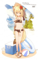 1girl ahoge animal_ear_fluff animal_ears bag ball bare_shoulders beachball bikini blonde_hair blush brown_bikini brown_hat closed_mouth collarbone commentary_request cooler coreytaiyo dated day flower full_body hair_between_eyes hair_flower hair_ornament halterneck hat hibiscus highres indoors long_hair navel original plaid_bikini plaid_clothes red_flower shoulder_bag signature solo standing straw_hat swimsuit tail translated very_long_hair yellow_eyes