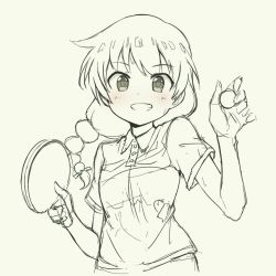 Rule 34 | 1girl, :d, blush, braid, collared shirt, female focus, grey background, greyscale, holding, monochrome, open mouth, paddle, pas (paxiti), sasorida sachiko, shakunetsu no takkyuu musume, shirt, short sleeves, simple background, sketch, smile, solo, spot color, table tennis, table tennis paddle, upper body, wing collar