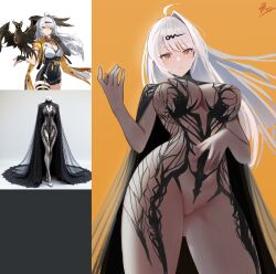 1girl absurdres bao_(pixiv_99415611) black_cape bodystocking breasts cape chronopattern_dress highres large_breasts long_hair looking_at_viewer meme_attire orange_background reference_inset see-through_clothes solo white_hair yellow_eyes yi_xuan_(zenless_zone_zero) zenless_zone_zero