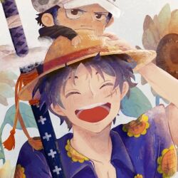 2boys ^_^ black_hair blush close-up closed_eyes commentary english_commentary floral_print flower hat male_focus monkey_d._luffy multiple_boys one_piece open_mouth short_sleeves sideburns smolkeii straw_hat sunflower sunflower_print sword trafalgar_law weapon