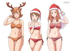 Rule 34 | 3girls, absurdres, alexkonakona, bikini, blush, christmas, digimon, digimon adventure tri., hat, highres, looking at viewer, multiple girls, smile, swimsuit, tachikawa mimi, takenouchi sora, yagami hikari