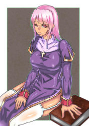 1girl breasts covered_erect_nipples cross cross_necklace female_focus garter_straps jewelry large_breasts long_hair necklace pink_eyes pink_hair priest_(ragnarok_online) ragnarok_online shiny_clothes solo thighhighs white_thighhighs zxc