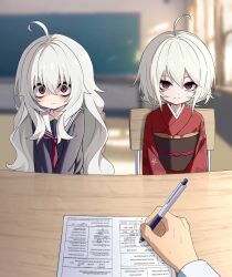Rule 34 | 1boy, 2girls, absurdres, ahoge, black shirt, blush, chair, character request, commentary request, desk, eha7y, grey hair, highres, indoors, japanese clothes, kimono, long hair, looking at viewer, multiple girls, obi, original, paper, pen, pov, protected link, red eyes, red kimono, sash, school uniform, serafuku, shirt, short hair, sitting, smile, sweatdrop, wasabi-chan (eha7y), writing