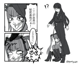 Rule 34 | 2girls, amemiya darumi, black bow, black dress, black skirt, bow, collar, dress, face piercing, glasses, highres, hugging another&#039;s leg, lip piercing, long hair, long sleeves, looking down, monochrome, multicolored hair, multiple girls, panels, piercing, pleated skirt, safety pin, shizuhara hiruko, skirt, syumiya24, teeth, the hundred line -last defense academy-, thighhighs, twintails, upper teeth only, yuri