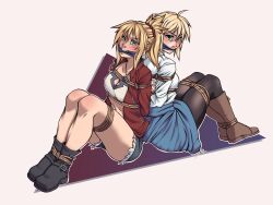 Rule 34 | 2girls, absurdres, arms behind back, artoria pendragon (fate), back-to-back, bdsm, belly, bondage, bound, cleave gag, cloth gag, collarbone, gag, gagged, highres, improvised gag, midriff, mordred (fate), multiple girls, navel, original, rocatart, rope, saber (fate), shibari