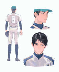 Rule 34 | 1boy, absurdres, aqua hat, arms at sides, asian, ball, baseball (object), baseball cap, baseball glove, baseball jersey, baseball uniform, black eyes, black hair, brown shoes, buttons, character name, chinese commentary, closed mouth, commentary request, compression shirt, cropped shoulders, expressionless, facing away, gekokujo kyuji, hat, highres, holding, holding ball, inuzuka sho, jacket, jersey, layered sleeves, linbeiyx, long sleeves, looking ahead, looking at viewer, male focus, mole, mole under eye, multiple moles, multiple views, name tag, pants, parted bangs, shirt, shoes, short hair, short over long sleeves, short sleeves, simple background, sportswear, standing, three quarter view, track jacket, turtleneck, upturned eyes, very short hair, white background, white jacket, white pants, white shirt