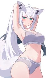 1girl :/ absurdres ahoge animal_ear_fluff animal_ear_piercing animal_ears aqua_eyes armpits arms_behind_head arms_up blush bra breasts calvin_klein commentary cowboy_shot crossed_bangs deaver double-parted_bangs fox_ears fox_girl fox_tail grey_bra grey_panties hair_between_eyes highres hololive long_hair looking_at_viewer medium_breasts navel panties pentagram shirakami_fubuki simple_background solo stomach tail underwear underwear_only very_long_hair virtual_youtuber white_background white_hair