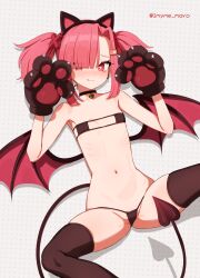 1girl animal_ears animal_hands bikini black_bikini black_choker black_thighhighs blush breasts cat_ears cat_paws choker demon_girl demon_tail demon_wings eyepatch_bikini fake_animal_ears gloves hair_ornament hair_over_one_eye hairband hairclip heart heart-shaped_pupils looking_at_viewer marota navel original paw_gloves pointy_ears red_eyes red_hair small_breasts smile solo spread_legs swimsuit symbol-shaped_pupils tail thighhighs tongue tongue_out wings