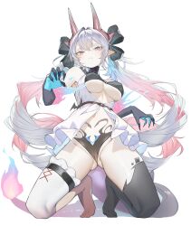 1girl asymmetrical_legwear belt black_bow black_gloves black_panties black_thighhighs blue_eyes blue_gloves blue_hair bow breasts brown_belt bush closed_mouth colored_inner_hair commentary double-parted_bangs dragon_girl dragon_horns dragon_tail dress drill_hair elbow_gloves feet fire flame-tipped_tail gloves gluteal_fold gradient_hair grey_hair hair_between_eyes hair_bow hair_intakes heterochromia highres horns kneeling large_breasts long_hair looking_at_viewer mismatched_legwear multicolored_hair no_shoes o-ring o-ring_top original panties pero_(peroneko0510) pink_eyes pointy_ears red_hair simple_background solo tail thighhighs toes twin_drills two-sided_gloves two-tone_gloves underboob underwear very_long_hair white_background white_dress white_thighhighs