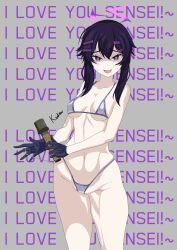1girl absurdres artist_name blue_archive english_text explosive grenade hair_ornament hairpin halo haruka_(blue_archive) heart heart-shaped_pupils highres holding holding_weapon kazunatsu looking_at_viewer open_mouth purple_eyes purple_hair purple_halo short_hair signature stielhandgranate symbol-shaped_pupils underwear weapon white_undershirt yandere