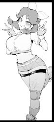 1girl breasts double_v highres large_breasts mario_(series) mario_kart mario_kart_world monochrome nintendo princess_daisy sian smile solo v