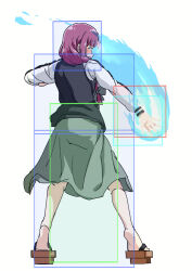 1girl black_jacket bocchi_the_rock! bow dress energy fighting_game from_behind full_body geta green_bow hair_bow hair_over_shoulder hiroi_kikuri hitbox jacket legs_apart long_hair long_sleeves low-braided_long_hair low-tied_long_hair medium_dress multicolored_jacket pink_hair solo standing street_fighter tiptoes too_many_watermarks torako_(toramaru) twitter_username two-tone_jacket watermark white_jacket zangief