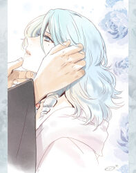 2boys blue_eyes blue_flower blue_hair blue_rose drill_hair drill_sidelocks eyelashes flower from_side gem grabbing_another&#039;s_chin half-closed_eyes hand_on_another&#039;s_chin hand_on_another&#039;s_head jewelry male_focus medium_hair mizuhara_aki multiple_boys necklace out_of_frame parted_lips pink_lips pisces_aphrodite profile red_gemstone ringlets rose saint_seiya saint_seiya:_legend_of_sanctuary sidelocks trap