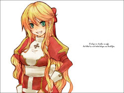 1girl bad_id blonde_hair blue_eyes blush bow braid breasts dress english_text grin hair_bow half_up_braid high_priest_(ragnarok_online) juliet_sleeves lala_(sputnik) long_hair long_sleeves looking_at_viewer medium_breasts puffy_sleeves ragnarok_online red_bow red_dress sash simple_background smile solo two-tone_dress upper_body white_background white_dress white_sash