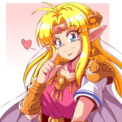 1girl armor bead_necklace beads blonde_hair blue_eyes border bracer cape circlet closed_mouth commentary dress earrings gradient_background heart index_finger_raised jewelry lewdamone long_hair necklace nintendo outside_border pink_background pink_dress pink_gemstone pointy_ears princess princess_zelda short_sleeves shoulder_armor smile solo the_legend_of_zelda the_legend_of_zelda:_a_link_between_worlds triforce white_border white_cape white_sleeves