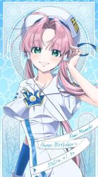 1girl alternate_breast_size aogirism aria_(manga) aria_company_uniform beret blue_background blue_bow blue_bowtie blue_gloves blue_ribbon blush bow bowtie breasts character_name dated dress elbow_gloves english_text gloves gold_trim green_eyes hair_ornament hair_tubes hand_up happy_birthday hat hat_ribbon impossible_clothes impossible_dress looking_at_viewer medium_breasts mizunashi_akari parted_bangs pink_hair ribbon sailor_collar short_hair_with_long_locks short_sleeves single_glove smile solo upper_body white_dress white_hat