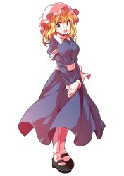 1girl alphes_(style) black_shoes blonde_hair bow breasts buttons collared_dress commentary_request dairi dress full_body hair_between_eyes hat large_variant_set legs_together long_hair long_sleeves maribel_hearn mary_janes medium_breasts mob_cap own_hands_together parody puffy_long_sleeves puffy_sleeves purple_dress sash shoes socks solo standing style_parody tachi-e tareme touhou transparent_background v_arms variant_set white_bow white_hat white_socks