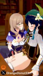 1boy 1girl 3d animated blush bottomless braid brown_hair erection genshin_impact gloves green_eyes green_hair green_hat handjob hat hetero indoors lewdheart lisa_(genshin_impact) long_hair moaning opennsfwsp orangedonut33 patreon_logo penis reiishorny sitting sound squishsuccubus tagme testicles thighhighs trap trap_on_female twin_braids twitter_username twitter_x_logo venti_(genshin_impact) video white_thighhighs