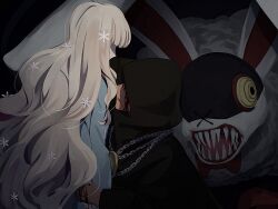Rule 34 | 1boy, 1girl, black bow, black bowtie, black fur, black hair, black hood, blonde hair, bow, bowtie, chain, chain necklace, commentary request, dark-skinned male, dark background, dark skin, elulit2, flower, grabbing another&#039;s arm, hair flower, hair ornament, highres, hospital gown, jewelry, long hair, monster, necklace, open mouth, persona, persona q: shadow of the labyrinth, persona q (series), rabbit, rei (persona q), shaded face, sharp teeth, spoilers, teeth, white flower, white fur, zen (persona q)