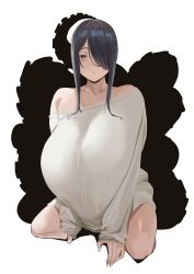 Rule 34 | 1girl, absurdres, black hair, breasts, collarbone, commentary, curvy black-haired girl (tnr), full body, hair over one eye, highres, huge breasts, kneeling, long bangs, original, parted lips, red eyes, shirt, sidelocks, single bare shoulder, single off shoulder, solo, tnr (horiko1525), white shirt