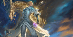Rule 34 | 1boy, armor, armored gloves, bahamut (final fantasy), belt, black belt, blonde hair, chainmail, collared shirt, curtained hair, dion lesage, dragon, earrings, erry, final fantasy, final fantasy xvi, flower, highres, jewelry, lance, monster, pauldrons, polearm, puffy sleeves, purple flower, scales, shirt, shoulder-armor, shoulder armor, weapon, yellow eyes