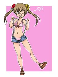1girl bikini blue_shorts breasts brown_eyes brown_hair brown_sandals commentary denim denim_shorts flower full_body girls_und_panzer glasses grin hair_flower hair_ornament halterneck heart hibiscus long_hair looking_at_viewer micro_shorts navel one_eye_closed oono_aya open_fly outline pink_background pink_bikini rimless_eyewear round_eyewear sandals shorts small_breasts smile solo standing standing_on_one_leg striped_bikini striped_clothes sunflower suspender_shorts suspenders suspenders_pull swimsuit takahashi_kurage textless_version twintails white_outline