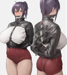 Rule 34 | 1girl, absurdres, arms behind back, ass, ball gag, bdsm, blush, bondage, bound, breasts, breath, buruma, cowboy shot, from behind, gag, grey background, gym uniform, hair between eyes, highres, large breasts, looking at viewer, multiple views, original, ponytail, purple eyes, purple hair, red buruma, shirt, simple background, straitjacket, thighs, white shirt, yagi 764364