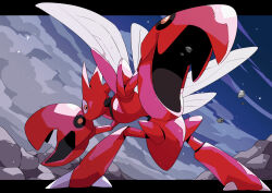 45_(maruyaki45) cloud cloudy_sky foreshortening gen_2_pokemon highres insect_wings leaning_forward legs_apart letterboxed looking_at_viewer night nintendo no_humans outside_border pincers pokemon pokemon_(creature) rock scizor sky solo standing star_(symbol) wings yellow_eyes
