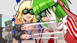 2girls :d beatmania_iidx bemani blonde_hair blunt_bangs commentary_request dress goggles green_hair highres hishimiya_tsugaru indoors multicolored_hair multiple_girls open_mouth prop_is_god red_dress short_hair smile streaked_hair teeth upper_body upper_teeth_only xiatian_(beatmania)