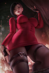 1girl ada_wong black_hair black_panties black_pantyhose breasts breasts_apart brown_eyes covered_navel curtains dress fingerless_gloves from_below gloves heart heart_o-ring impossible_clothes impossible_dress large_breasts lips looking_at_viewer o-ring olchas panties pantyhose parted_bangs pencil_dress red_dress resident_evil resident_evil_(movie) ribbed_dress short_dress short_hair skindentation solo thigh_strap thighs tight_clothes tight_dress underwear upskirt
