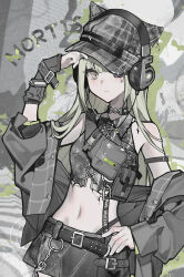 1girl absurdres adjusting_clothes adjusting_headwear ajirui animal_ear_headwear arm_belt arm_up bag bang_dream! bang_dream!_it&#039;s_mygo!!!!! belt belt_buckle black_belt blunt_bangs buckle buttons character_name choker closed_mouth collared_shirt colored_shadow commentary_request cowboy_shot crop_top cropped_shirt cross-laced_clothes cross-laced_top drop_shadow facial_tattoo fake_animal_ears green_eyes green_hair grey_background grey_jacket grey_shirt hand_on_own_hip headphones highres jacket jacket_partially_removed leaning_to_the_side long_hair long_sleeves looking_at_viewer midriff miniskirt navel o-ring one_eye_covered shadow shirt shoulder_bag skirt sleeveless sleeveless_shirt smile solo spiked_choker spikes spot_color tattoo teardrop_tattoo three_quarter_view tilted_headwear wakaba_mutsumi wire wrist_belt zipper