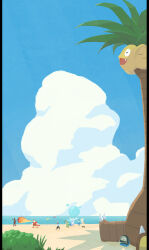 3boys 3girls absurdres alolan_exeggutor alolan_form ash_ketchum backpack bag beach black_pants black_shorts blonde_hair blue_hair blue_pants blue_sky breath_weapon breathing_fire bubble claws closed_eyes cloud cumulonimbus_cloud dark-skinned_female dark-skinned_male dark_skin fang fire footprints gen_1_pokemon gen_4_pokemon gen_7_pokemon green_footwear green_hair highres jewelry kiawe_(pokemon) lana_(pokemon) lillie_(pokemon) mallow_(pokemon) multiple_boys multiple_girls necklace nintendo open_mouth orange_hair pants pikachu pokemon pokemon_(anime) pokemon_(creature) pokemon_sm_(anime) primarina red_headwear red_shorts rotom rotom_dex rowlet sand shirt short_hair shorts sky sophocles_(pokemon) striped_clothes striped_shirt togedemaru topless_male tsareena turtonator twintails white_headwear white_shirt yakitaka_riza