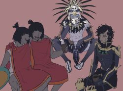 4boys aztec black_hair blonde_hair dark-skinned_male dark_skin fate/grand_order fate_(series) huna_nr izcalli_(fate) looking_at_another multiple_boys sitting tezcatlipoca_(fate) tezcatlipoca_(third_ascension)_(fate)