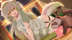 1girl ahoge animal animal_ears asymmetrical_legwear breasts curtains ferret ferret_ears ferret_girl ferret_tail food fruit gradient_hair gradient_tail green_eyes green_hair green_tail hair_between_eyes hairband headphones highres hiro_(phese) laimu_(vtuber) light_particles lime_(fruit) lime_necklace lime_slice long_hair medium_breasts mismatched_legwear multicolored_hair multicolored_tail no_pants o-ring o-ring_thigh_strap ribbon shirt skindentation sleeping t-shirt tail thigh_strap thighhighs thighs twintails two-tone_hair two-tone_tail vinesauce virtual_youtuber white_hair white_tail window
