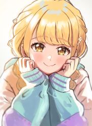 1girl absurdres blonde_hair blush closed_mouth commentary_request fujita_kotone gakuen_idolmaster gimi_00 gradient_background hand_rest hands_on_own_face highres hood hooded_jacket idolmaster jacket long_hair long_sleeves looking_at_viewer multicolored_jacket pearl_hair_ornament smile solo straight-on upper_body white_background yellow_eyes