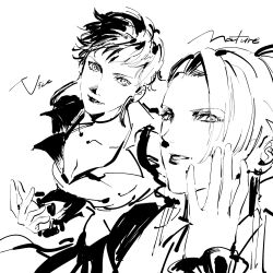 2girls breasts cleavage dress female_focus formal_clothes hand_up highres long_hair long_sleeves looking_at_viewer mature_(kof) medium_breasts multiple_girls naokotoysk short_hair suit the_king_of_fighters verdiedell vice_(kof)